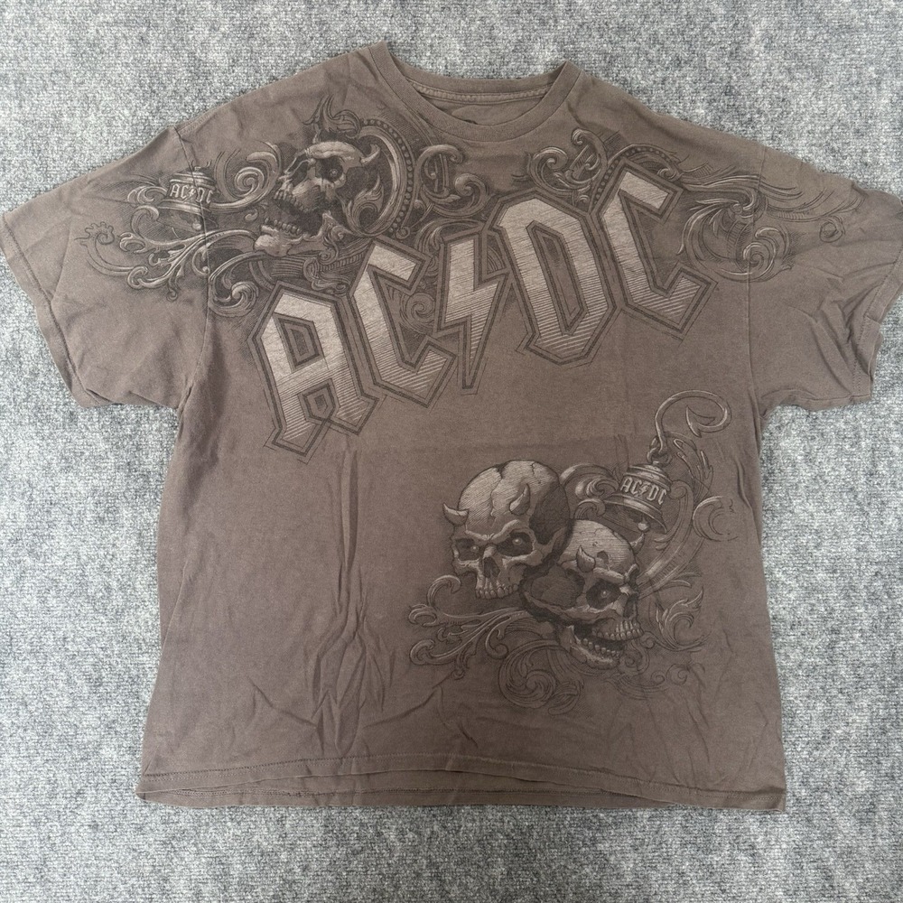 AC/DC Shirt Mens 2XL Brown Skull Graphic Band Tee Liquid Blue Tagless Crewneck
